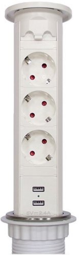 Розетка встраеваемая выдвижная сенсорная Mebax 105J 3-м.+2xUSB Ø60мм белый картинка